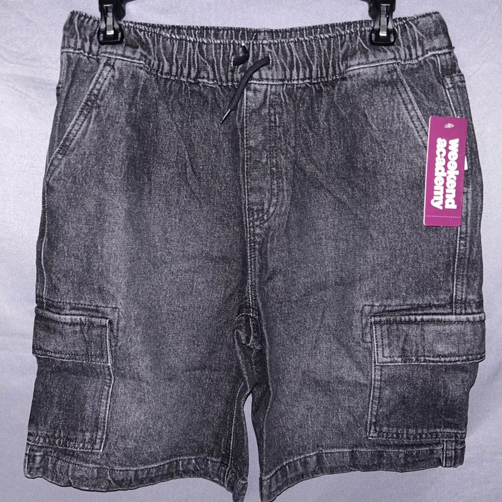 Weekend Academy Boys Washed Black Denim Cargo Shorts XL 14/16 Pull On NWT